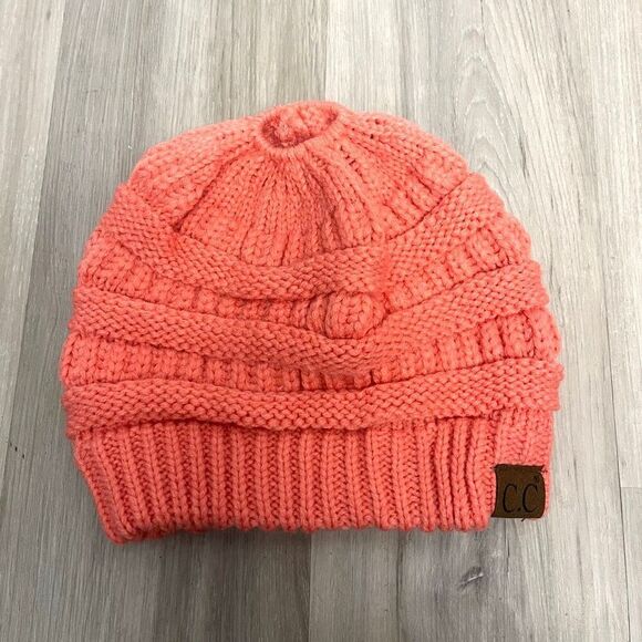 C.C Accessories - C.C Peachy Orange-Pink Ponytail Cable Knit Winter Beanie Hat
